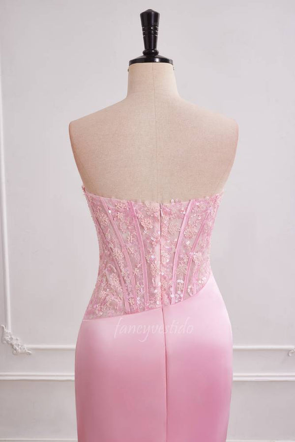 Pink Applique Fitted Satin Mermaid Long Prom Dress