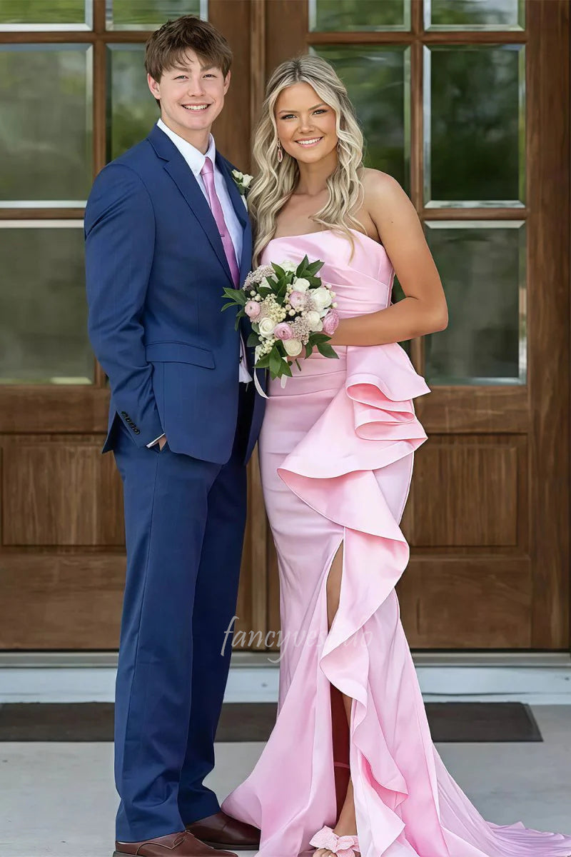Stunning Light Pink Strapless Prom Dress with Side Ruffle Slit