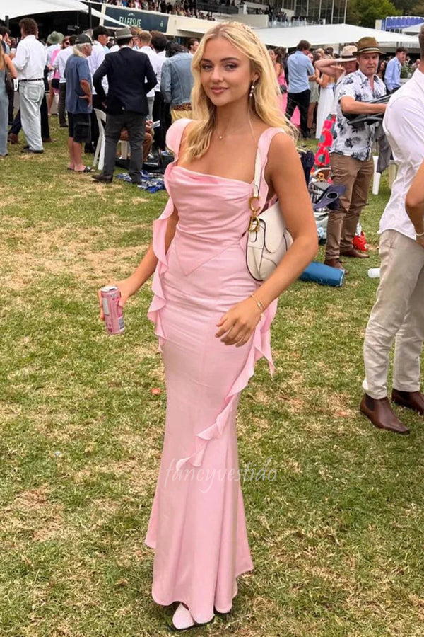 Chic Sleeveless Pink Formal Gown with Side Ruffle Slit