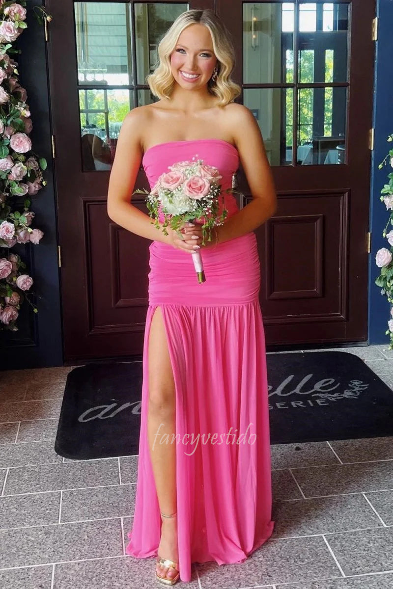 Elegant Fuchsia Strapless Ruched Mermaid Prom Dress with Slit