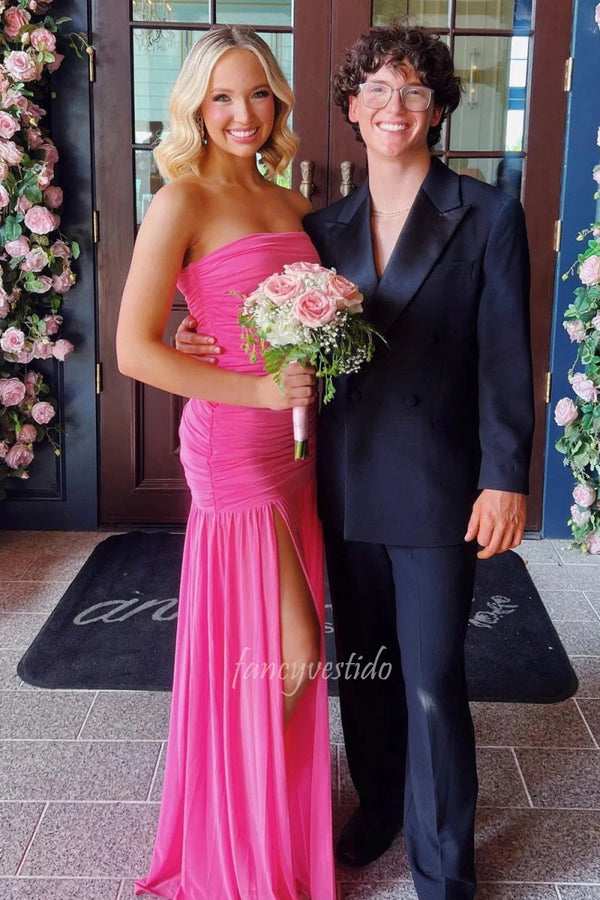 Elegant Fuchsia Strapless Ruched Mermaid Prom Dress with Slit