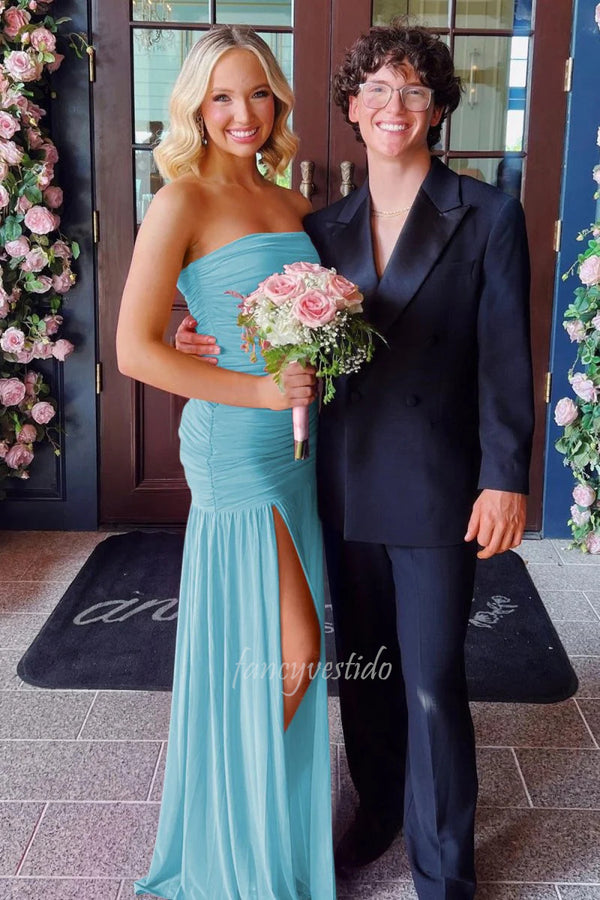 Elegant Fuchsia Strapless Ruched Mermaid Prom Dress with Slit