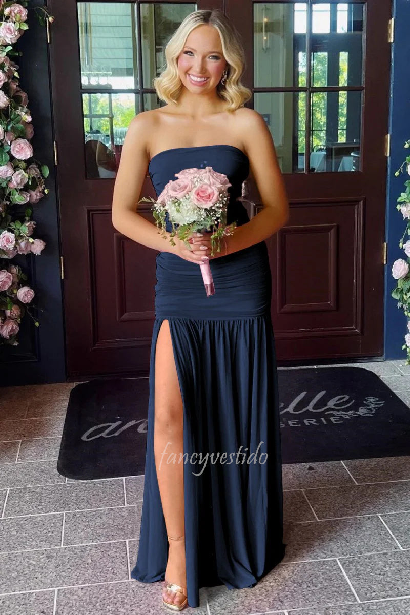 Elegant Fuchsia Strapless Ruched Mermaid Prom Dress with Slit FancyVestido Elegant Fuchsia Strapless Ruched Mermaid Prom Dress with Slit FancyVestido