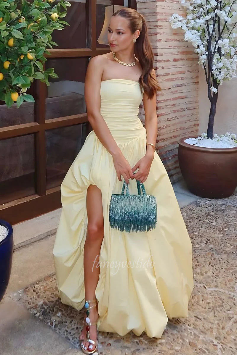 Strapless Yellow Ruched Bodice Evening Prom Gown with Slit