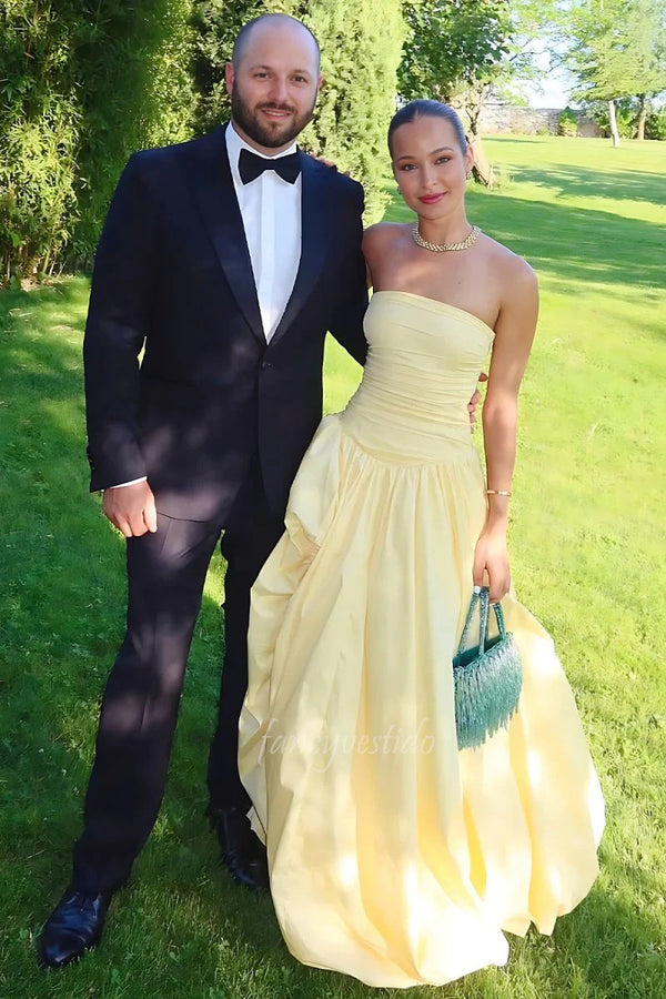 Strapless Yellow Ruched Bodice Evening Prom Gown with Slit