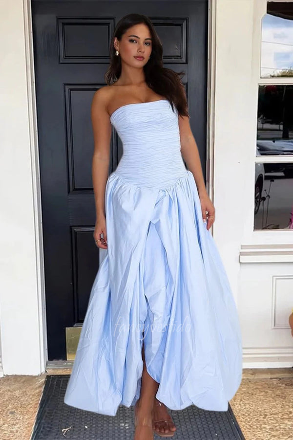 Strapless Yellow Ruched Bodice Evening Prom Gown with Slit