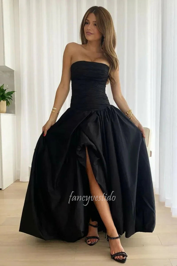 Strapless Yellow Ruched Bodice Evening Prom Gown with Slit