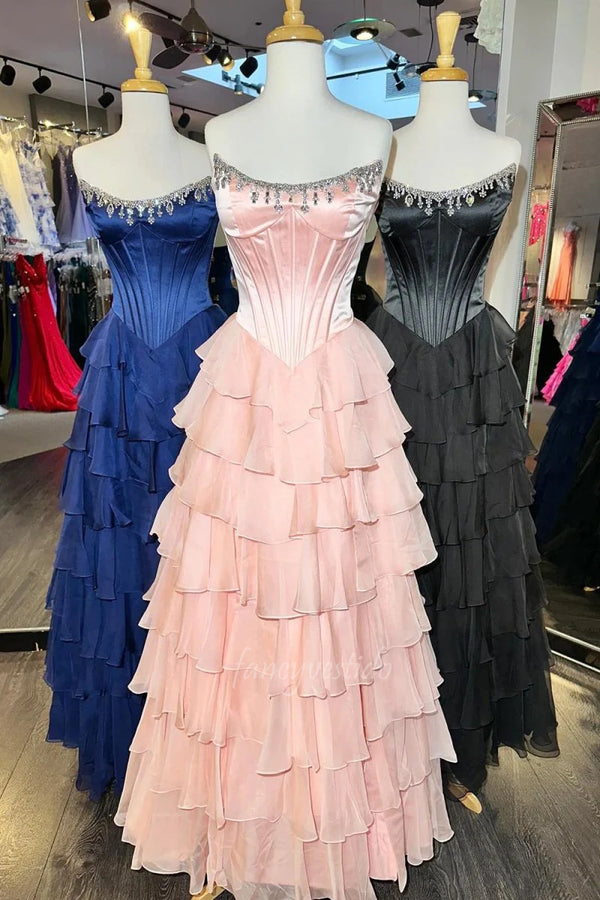 Dramatic Strapless Fuchsia Beaded Corset Prom Gown with Ruffle