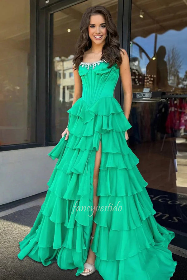 Dramatic Strapless Fuchsia Beaded Corset Prom Gown with Ruffle