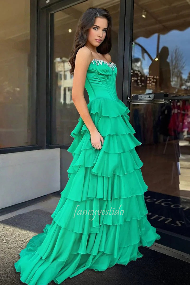 Dramatic Strapless Fuchsia Beaded Corset Prom Gown with Ruffle FancyVestido Dramatic Strapless Fuchsia Beaded Corset Prom Gown with Ruffle FancyVestido