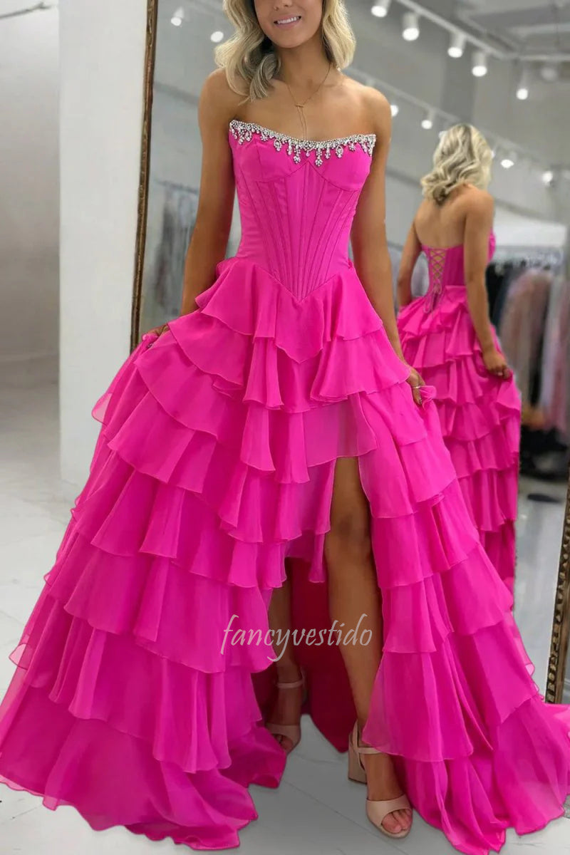 Dramatic Strapless Fuchsia Beaded Corset Prom Gown with Ruffle