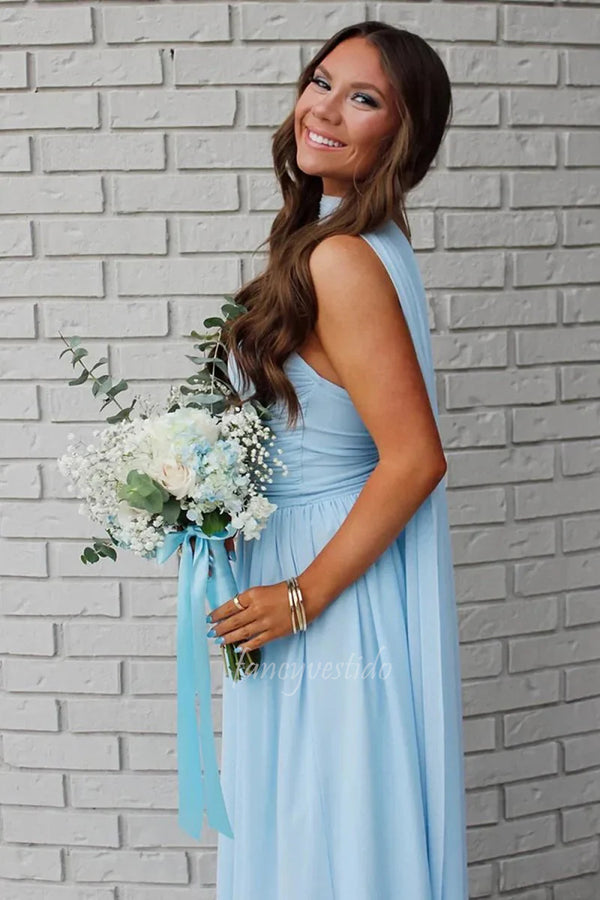 Elegant Light Blue Strapless Prom Dress with Chiffon Cape