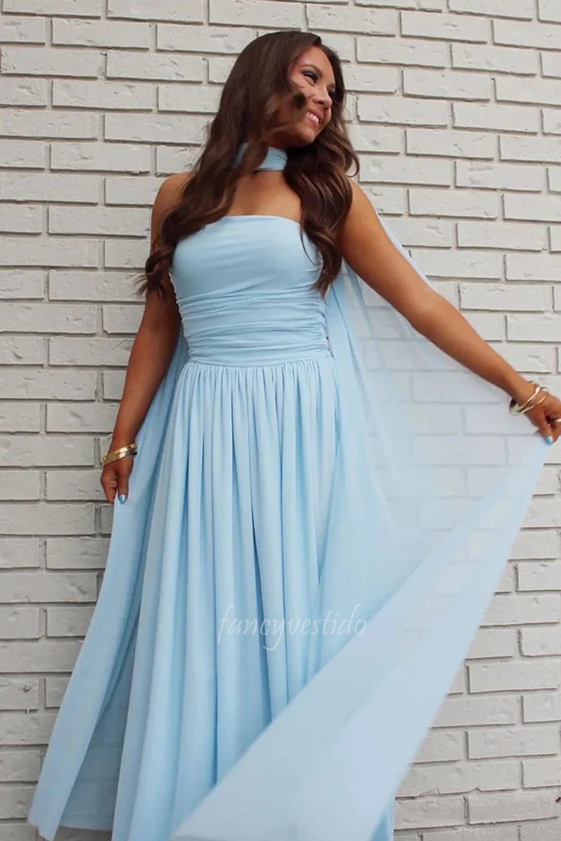 Elegant Light Blue Strapless Prom Dress with Chiffon Cape