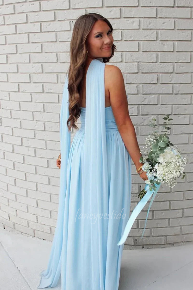 Elegant Light Blue Strapless Prom Dress with Chiffon Cape FancyVestido Elegant Light Blue Strapless Prom Dress with Chiffon Cape FancyVestido