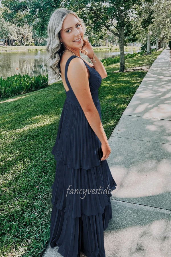 Elegant Blue V-Neck Tiered Pleated Chiffon Prom Dress