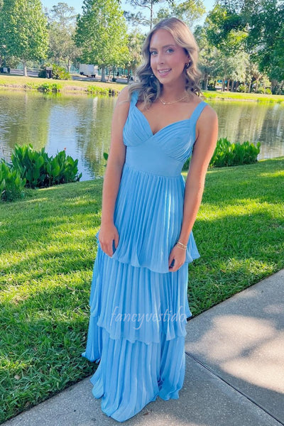 Elegant Blue V-Neck Tiered Pleated Chiffon Prom Dress