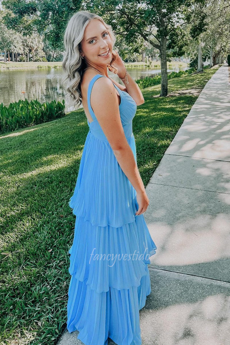 Elegant Blue V-Neck Tiered Pleated Chiffon Prom Dress FancyVestido Elegant Blue V-Neck Tiered Pleated Chiffon Prom Dress FancyVestido