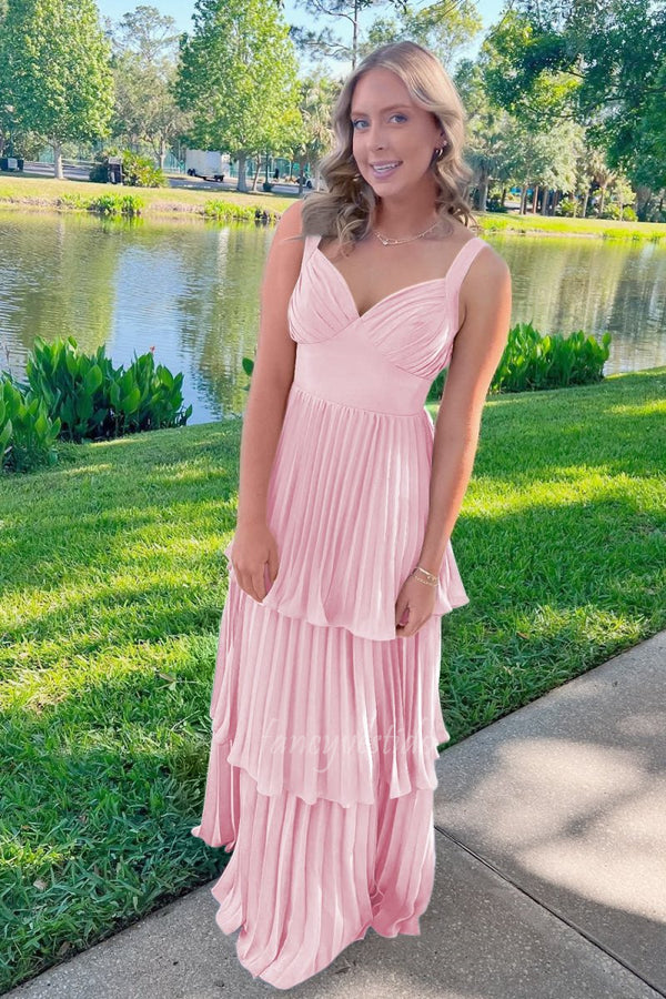 Elegant Blue V-Neck Tiered Pleated Chiffon Prom Dress