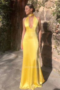 Glamorous Yellow Satin Halter Prom Dress with Plunging V-Neck