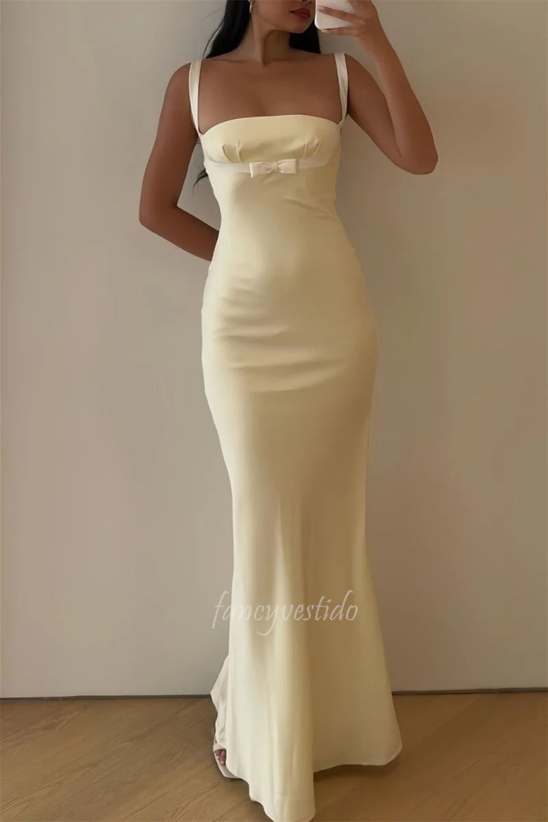 Romantic Yellow Sleeveless Maxi Prom Dress with Bow