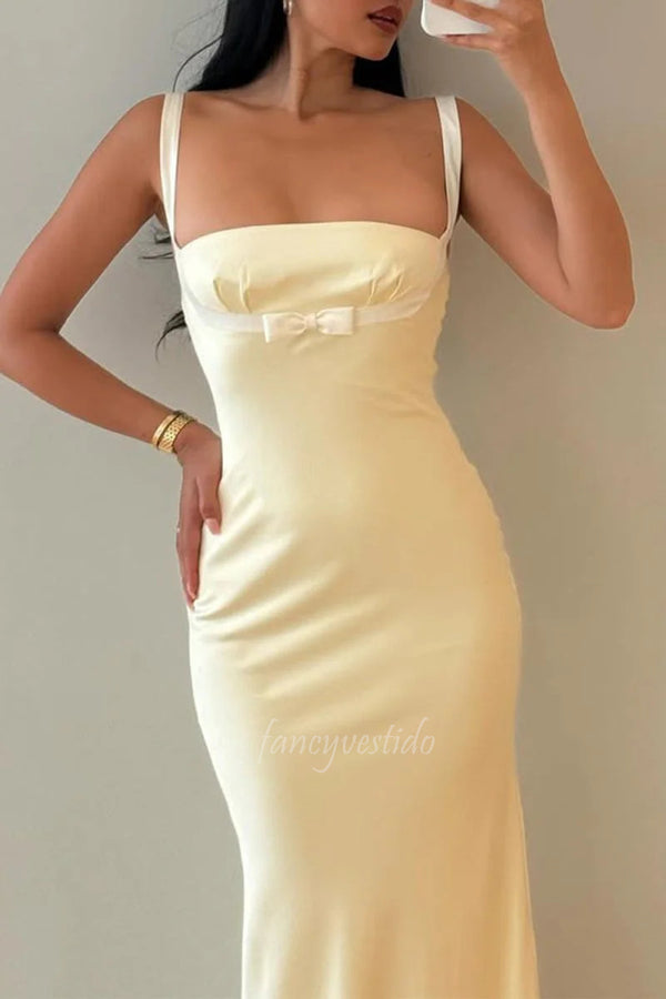 Romantic Yellow Sleeveless Maxi Prom Dress with Bow