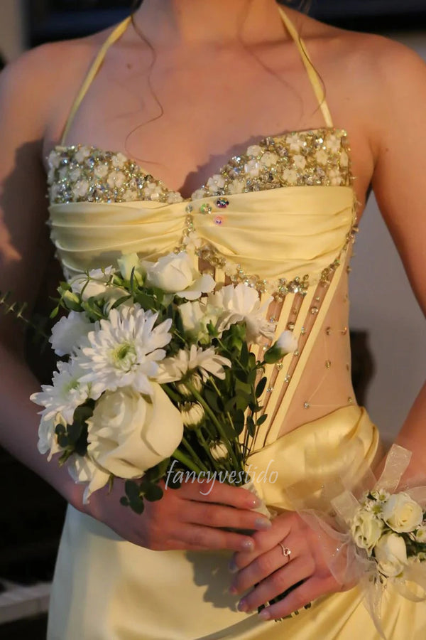 Elegant Yellow Halter Corset Boned Prom Dress with Beaded