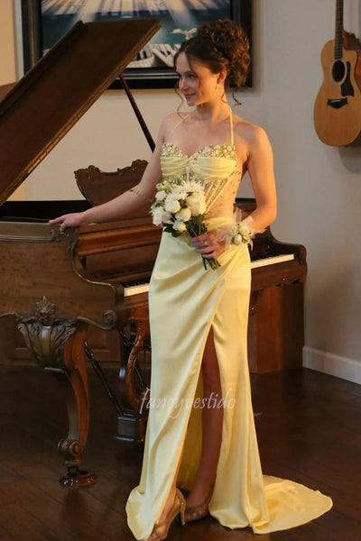 Elegant Yellow Halter Corset Boned Prom Dress with Beaded