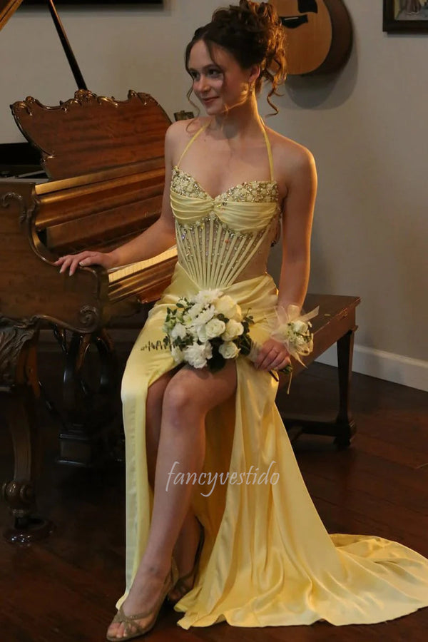 Elegant Yellow Halter Corset Boned Prom Dress with Beaded