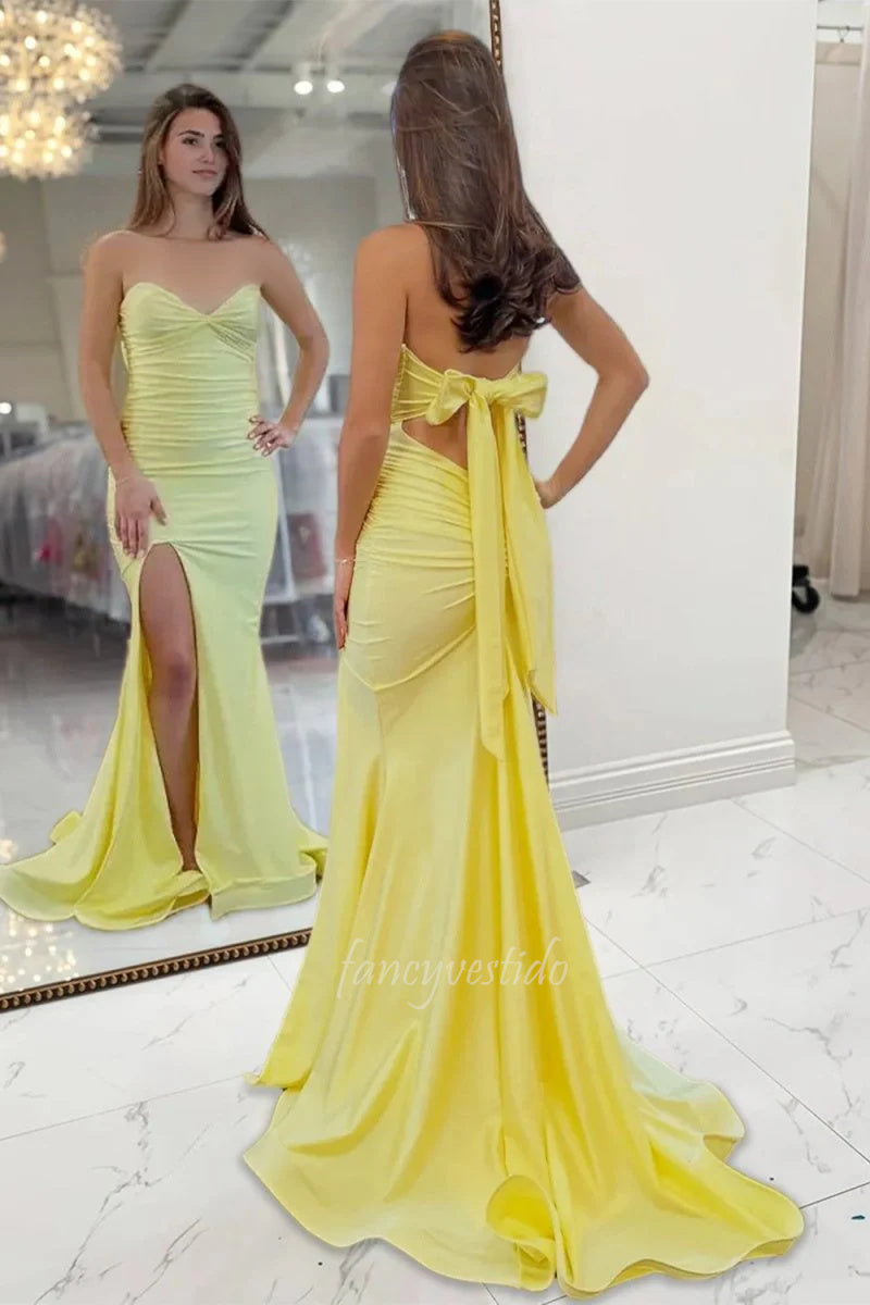 Yellow Strapless Ruched Slit Evening Prom Dress with Bow Back FancyVestido Yellow Strapless Ruched Slit Evening Prom Dress with Bow Back FancyVestido