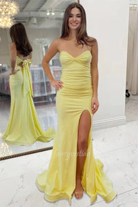 Yellow Strapless Ruched Slit Evening Prom Dress with Bow Back
