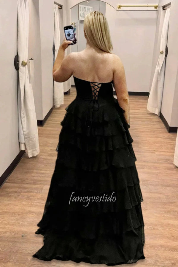 Strapless Beaded Boned Chiffon Ruffle Prom Dress with Slit