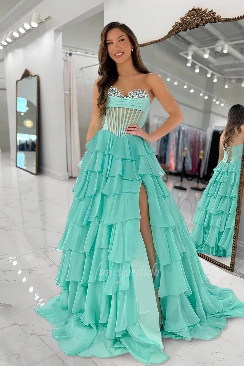 Strapless Beaded Boned Chiffon Ruffle Prom Dress with Slit