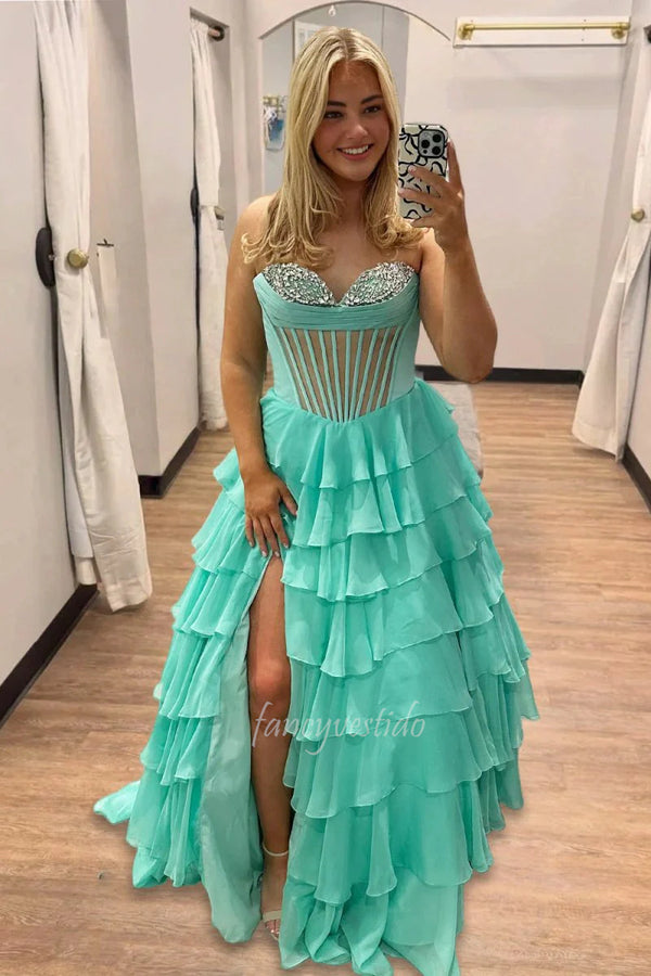 Strapless Beaded Boned Chiffon Ruffle Prom Dress with Slit