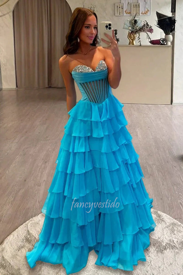 Strapless Beaded Boned Chiffon Ruffle Prom Dress with Slit