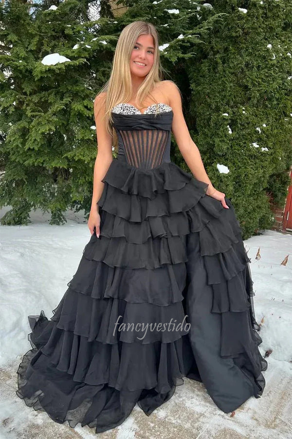 Strapless Beaded Boned Chiffon Ruffle Prom Dress with Slit