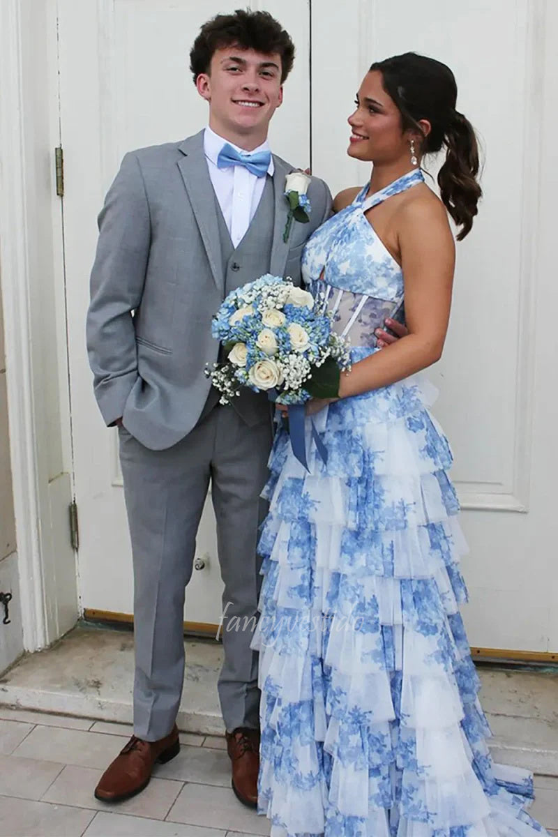 Halter Blue Floral Print Tulle A-Line Prom Dress with Slit