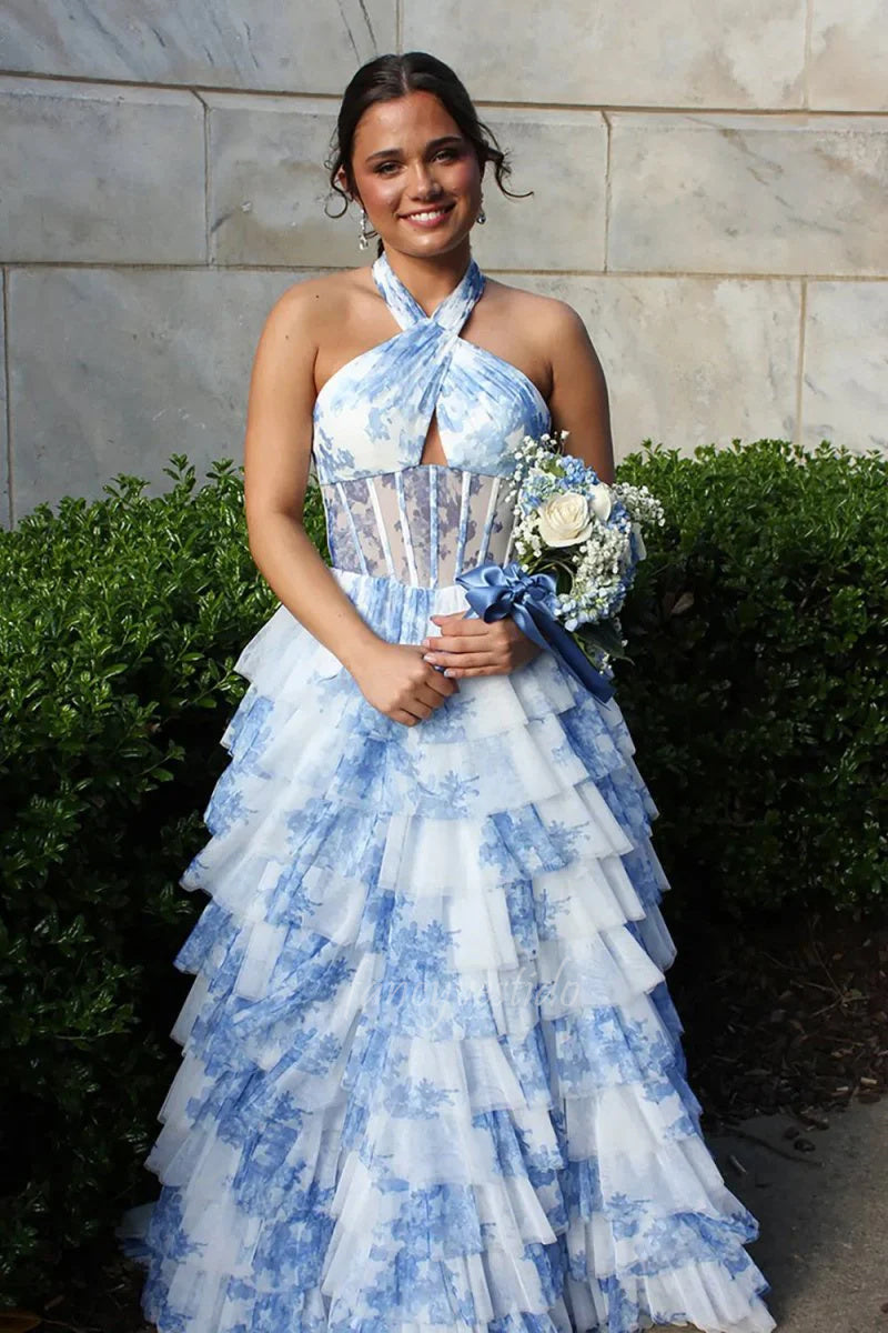 Halter Blue Floral Print Tulle A-Line Prom Dress with Slit FancyVestido Halter Blue Floral Print Tulle A-Line Prom Dress with Slit FancyVestido