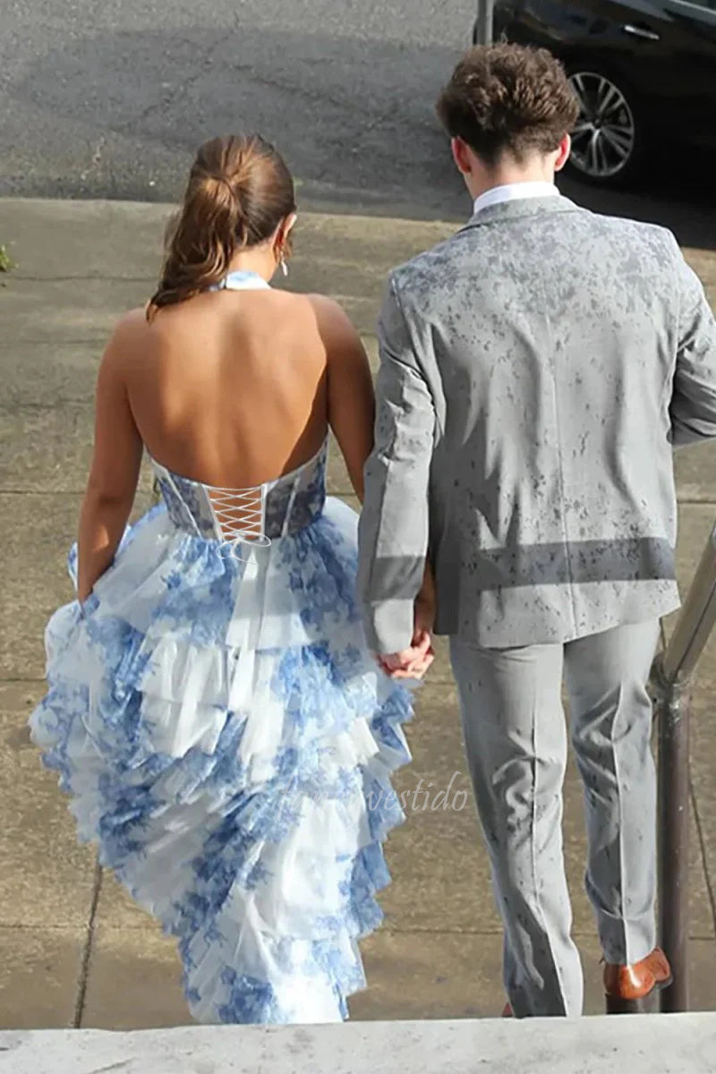 Halter Blue Floral Print Tulle A-Line Prom Dress with Slit FancyVestido Halter Blue Floral Print Tulle A-Line Prom Dress with Slit FancyVestido