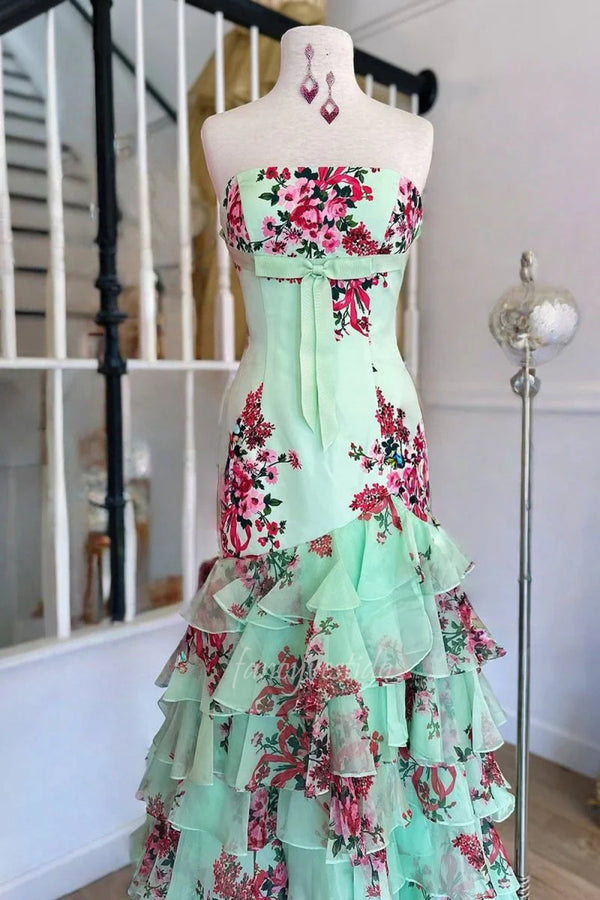 Strapless Floral Print Sheath Mermaid Prom Dress