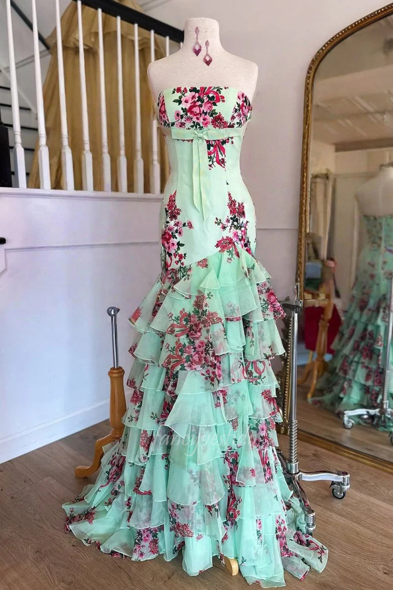 Strapless Floral Print Sheath Mermaid Prom Dress