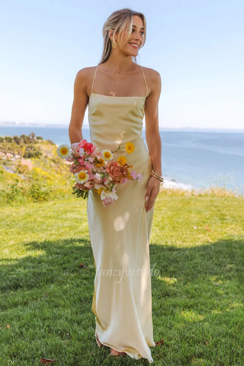Chic Spaghetti Straps Yellow Sheath Maxi Prom Dress – FancyVestido