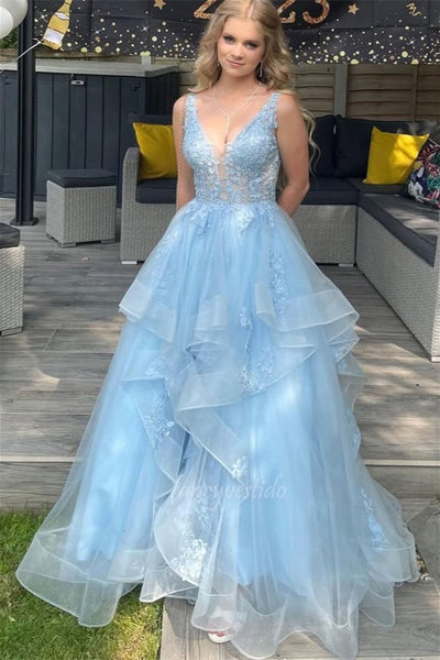Romantic Ice Blue V-Neck Sleeveless Layered Tulle Prom Dress