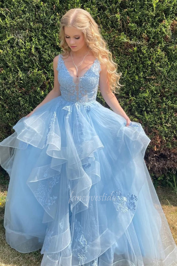 Romantic Ice Blue V-Neck Sleeveless Layered Tulle Prom Dress