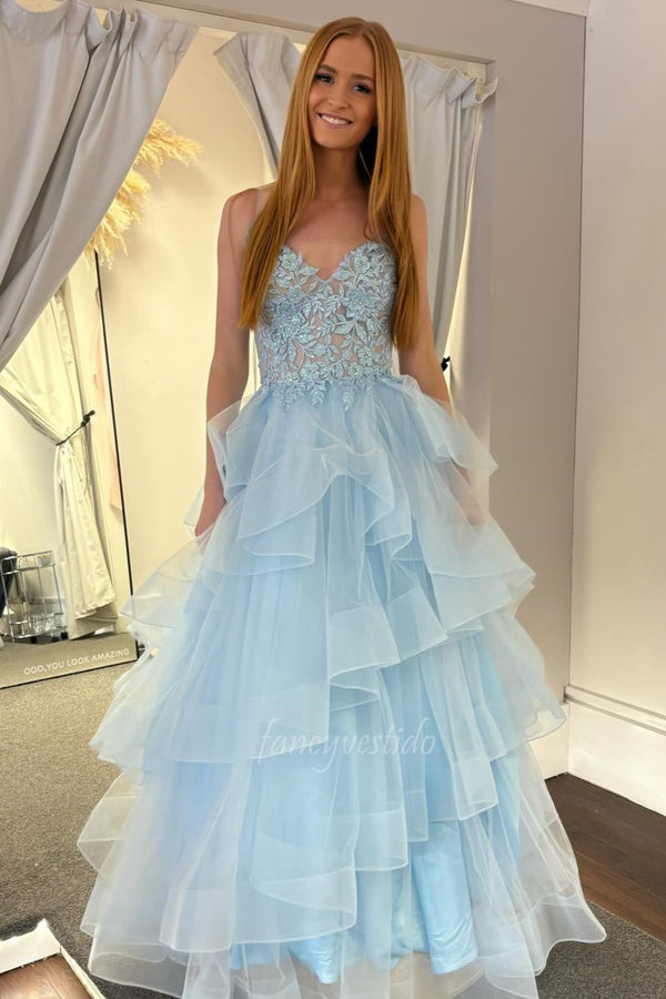 Elegant Straps Sky Blue Lace Applique Tiered A-Line Prom Dress