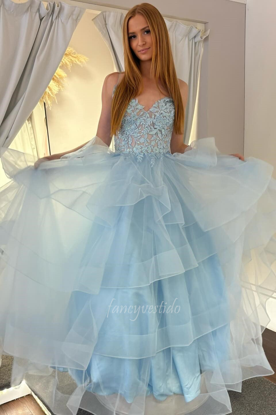 Elegant Straps Sky Blue Lace Applique Tiered A-Line Prom Dress