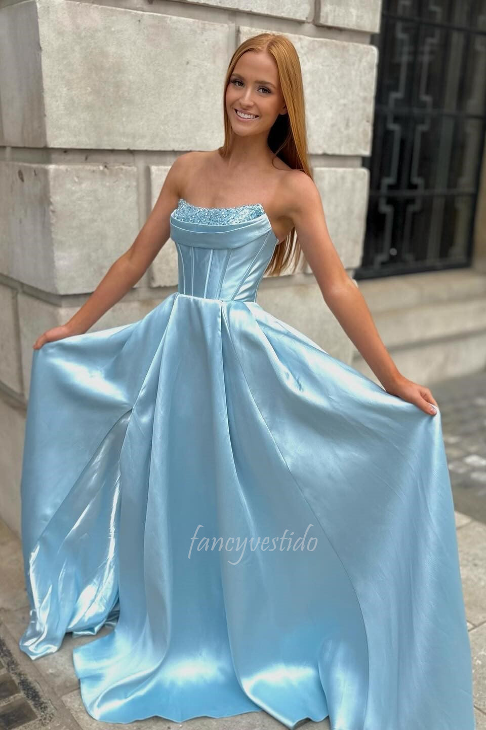 Elegant Light Blue Strapless Beaded Satin A-Line Prom Dress