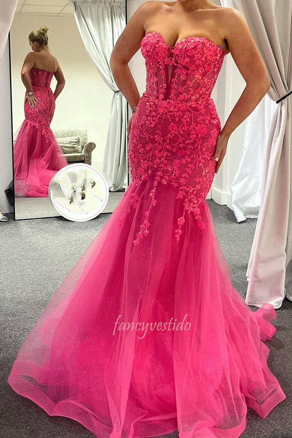 Hot Pink Sweetheart Mermaid Prom Dress with 3D Floral Applique