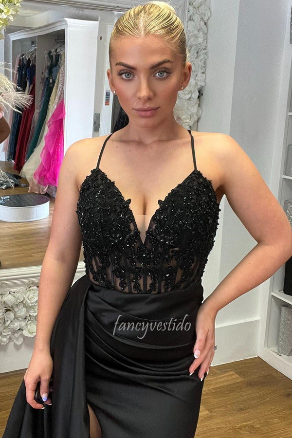 Glamorous Black Beaded Pleated Satin Formal Prom Dress