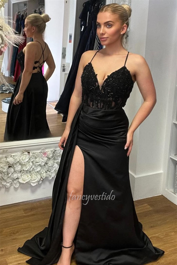 Glamorous Black Beaded Pleated Satin Formal Prom Dress