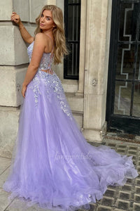 Elegant Lavender Lace Applique Corset Tulle Prom Dress